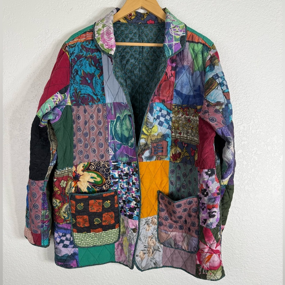 Vintage 220 Hickory 100% Silk Patchwork Reversible Colorful Jacket Boho Artsy